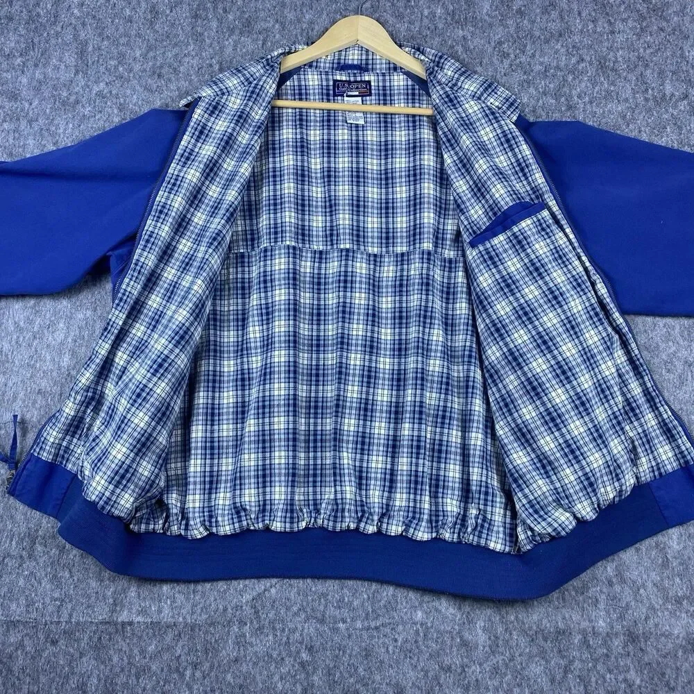 Vtg US Open Men's Harrington Jacket Golf Collection Blue Plaid Lined Zip Up Sz L